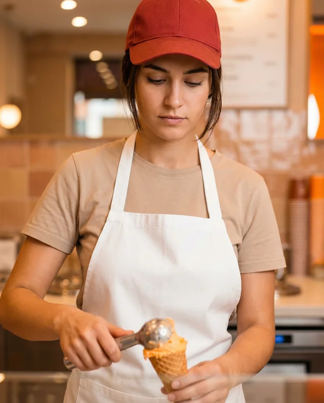 Young Woman in Apron Serving Ice Cream Mockup