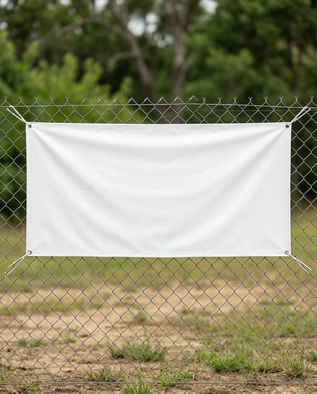 Blank White Banner Mockup on Chain-Link Fence Outdoors