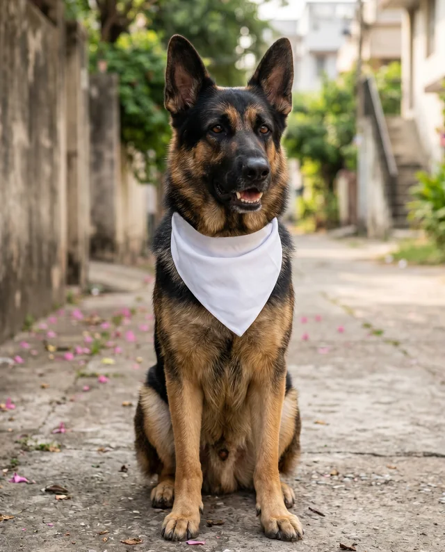 Proud German Shepherd with Bandana Mockup in Sunlit Alley