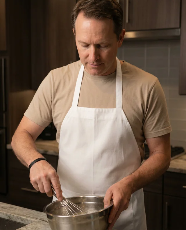 Middle-aged Man in Apron Whisking Ingredients Mockup