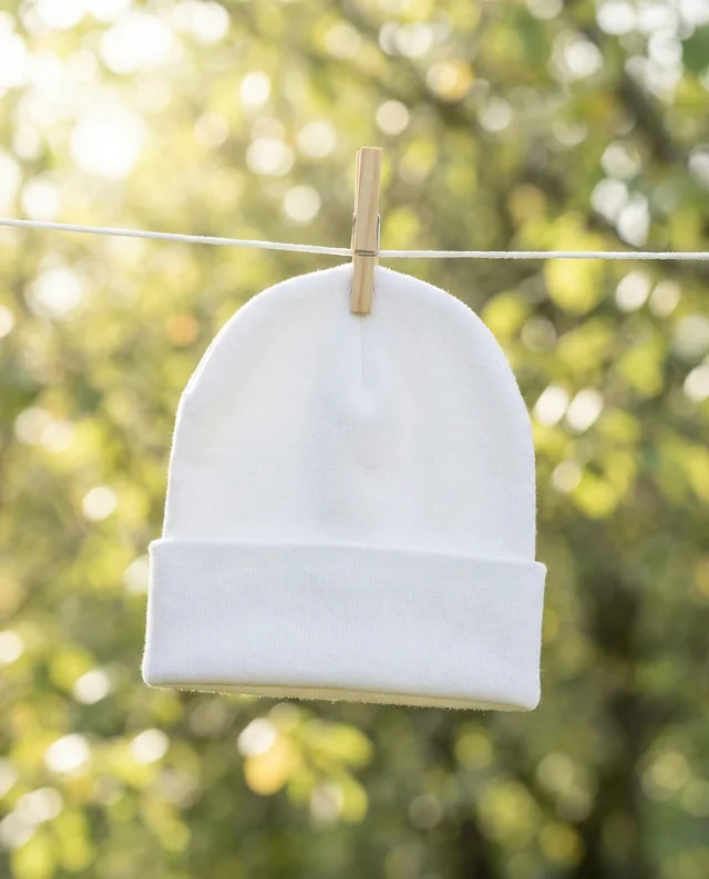 Serene Beanie Mockup Hanging on Clothesline in Nature