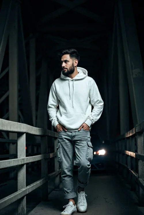 Urban Mockup with Dark Background and Colorful Hoodie