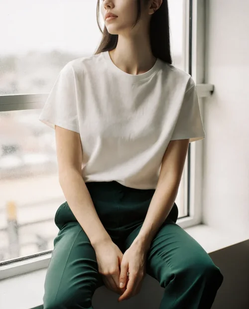 Elegant T-Shirt Mockup of a Serene Young Woman