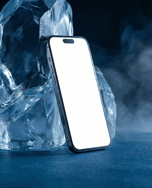 Modern iPhone Mockup Against a Glistening Ice Block