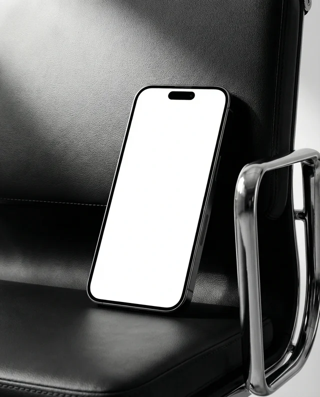 Minimalist iPhone Mockup on Stylish Leather Chair