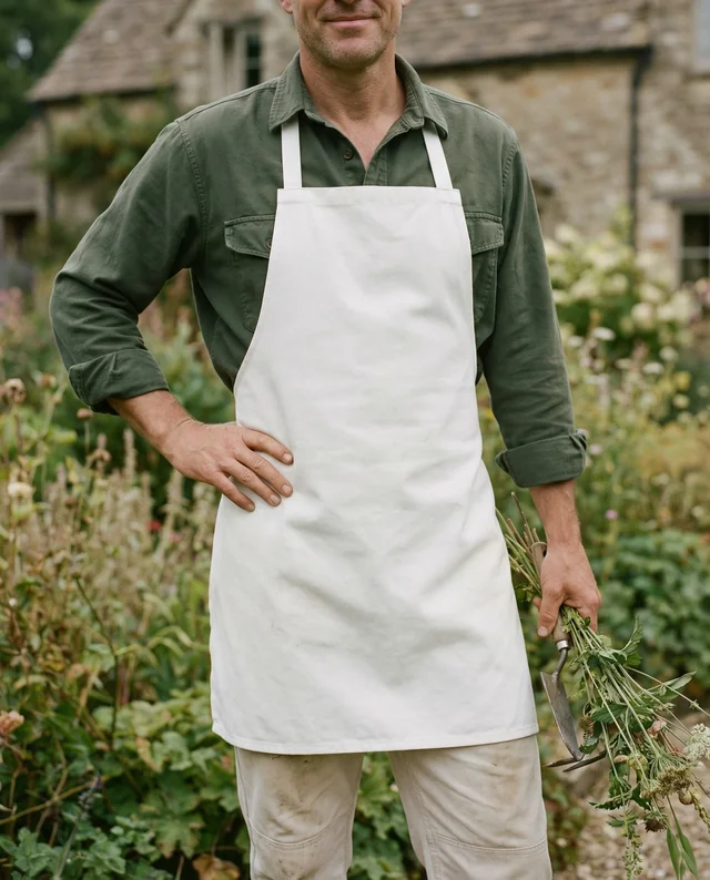 Confident Gardener in Apron Mockup Surrounded by Nature