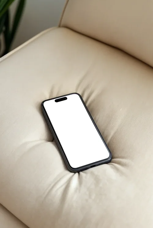 Mockup of iPhone 16 Pro Max on a Minimalist Couch