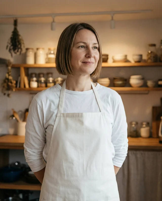 Warm Kitchen Mockup Featuring a Confident Woman in Apron