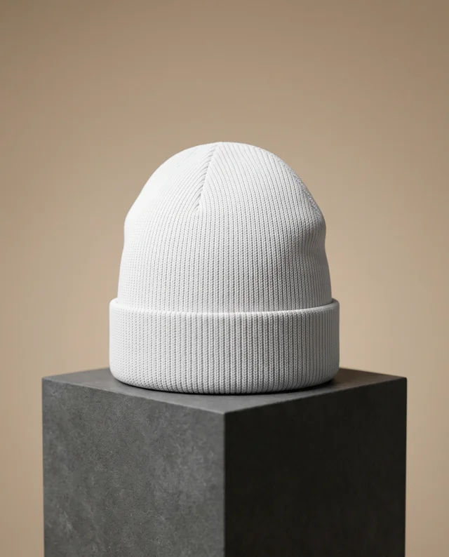Elegant White Knit Beanie Mockup on Dark Pedestal
