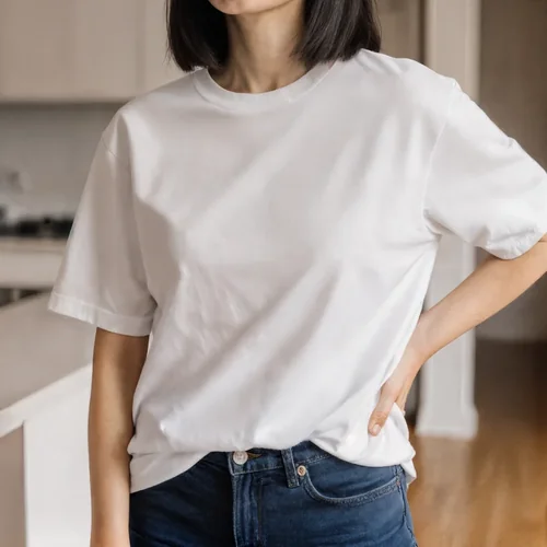 Casual T-Shirt Mockup of Young Woman in Modern Kitchen