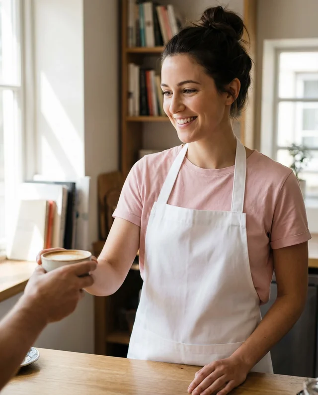 Cheerful Woman in Apron Serving Coffee Mockup in Kitchen