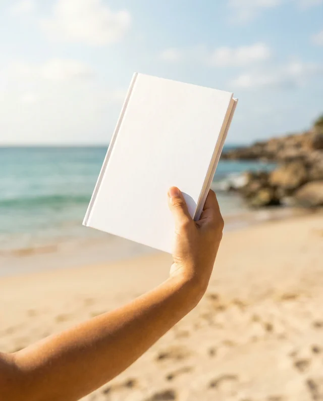 Serene Beach Mockup Featuring a Blank Book