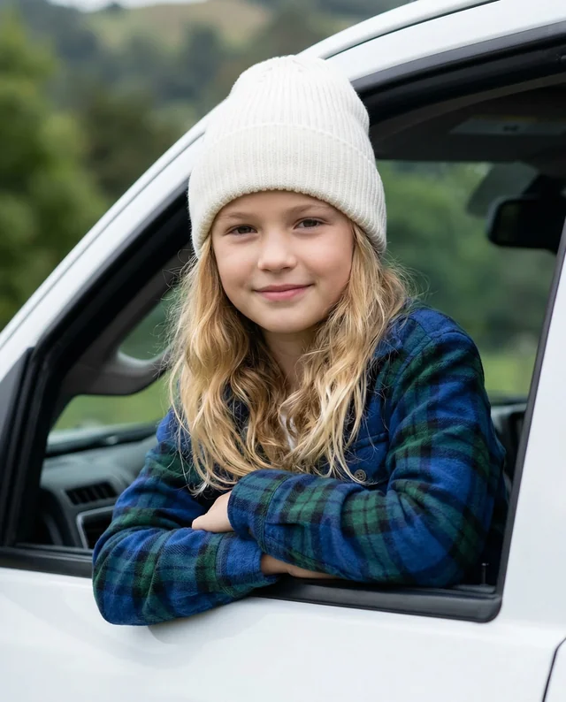 Young Girl in Beanie Smiling from Vehicle Mockup
