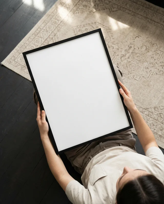 Mockup of a Poster with a Relaxed Person Holding Frame