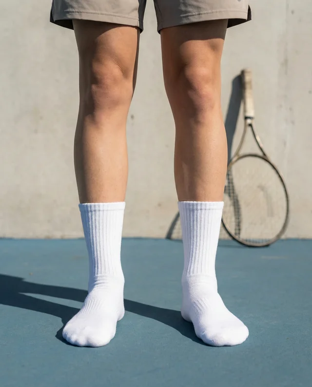 Sporty Mockup of Legs in Socks on a Tennis Court