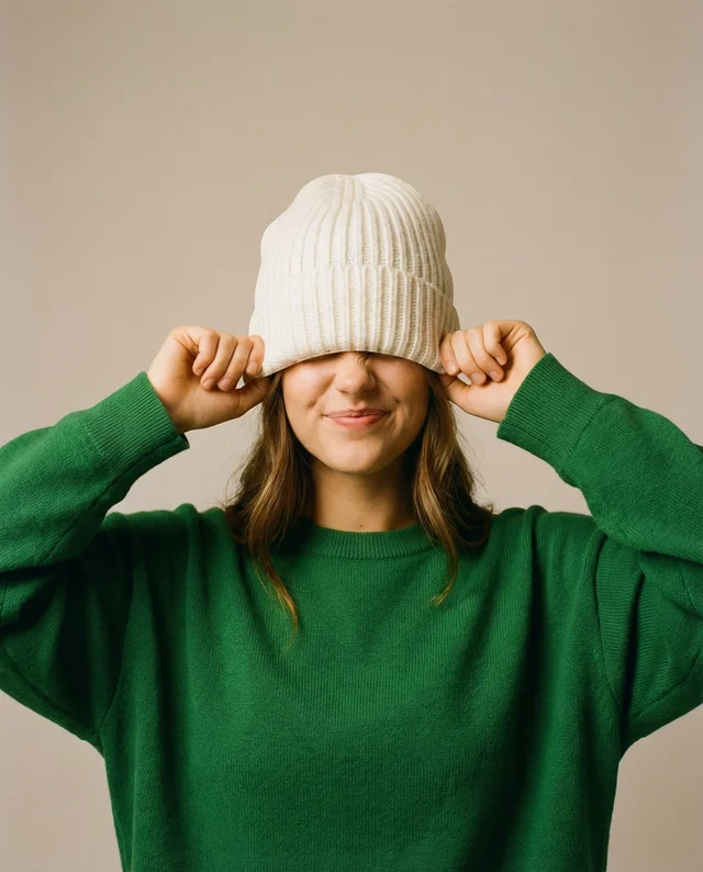 Playful Young Woman in Cozy Beanie Mockup Scene
