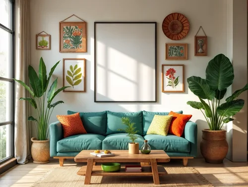 Colorful Mockup of Cozy Living Room Poster with Teal Sofa
