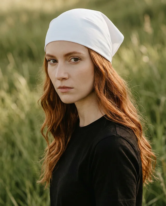 Young Woman in Headscarf Mockup with Lush Green Background