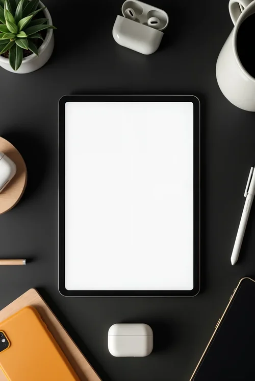 Black iPad Pro Mockup: Minimalist Flatlay Design