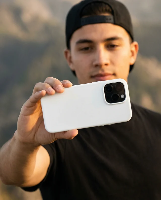 Young Man Taking a Selfie with White Phone Cover Mockup
