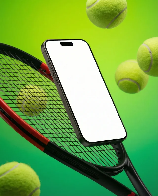 Dynamic iPhone Mockup on Tennis Racket with Balls