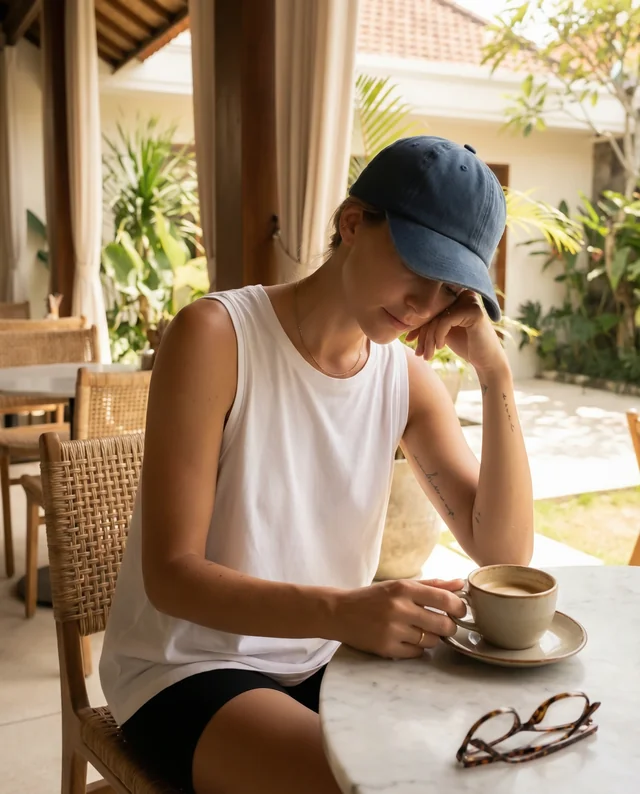 Contemplative Woman in Casual Tank Top Mockup at Café