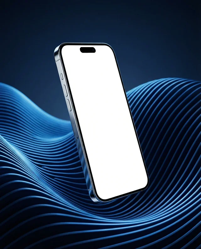 Sleek iPhone Mockup with Dynamic Blue Waves Background