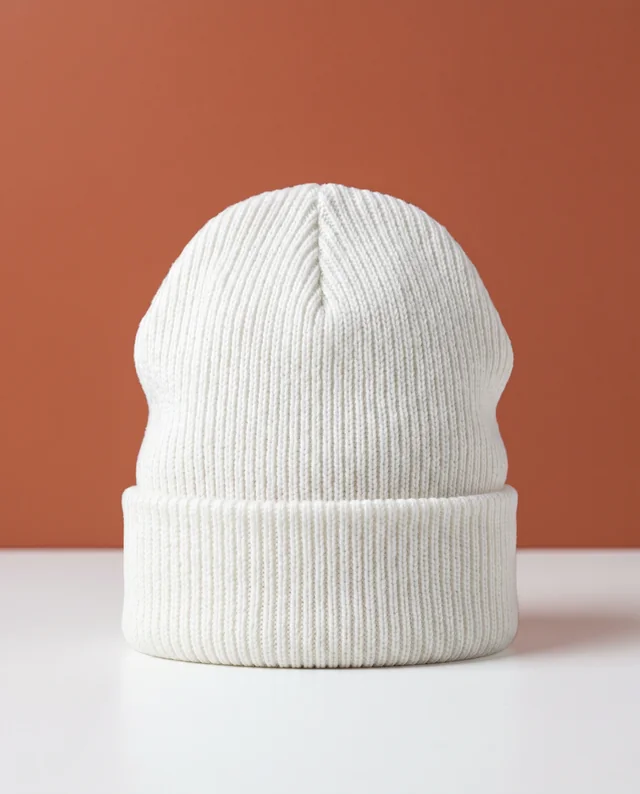 Cozy White Ribbed Knit Beanie Mockup on Minimal Surface