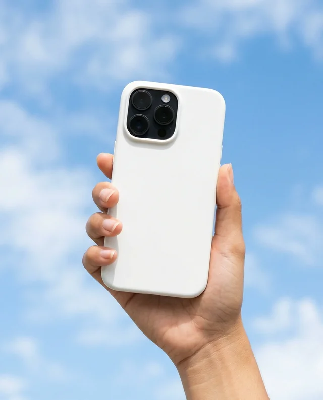 Elegant Phone Cover Mockup Against a Bright Blue Sky