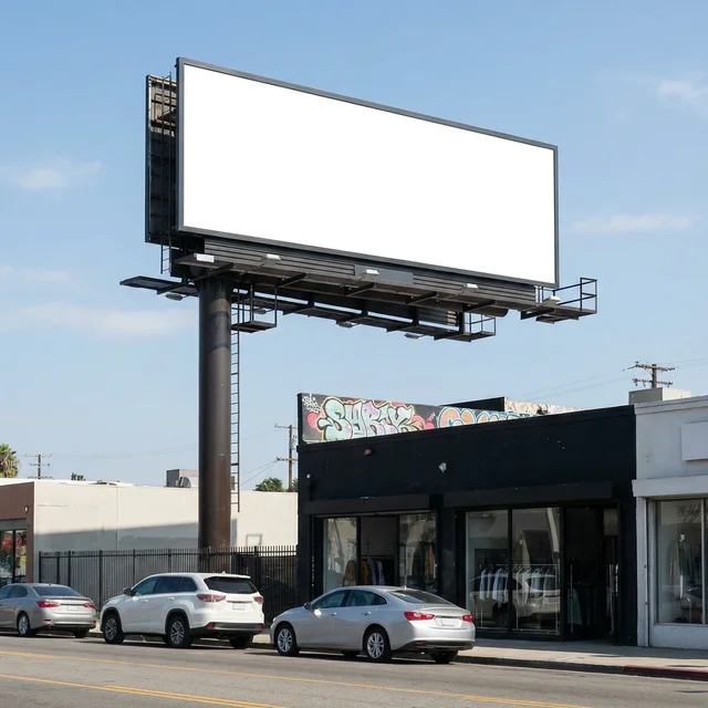Urban Billboard Mockup Against Clear Blue Sky