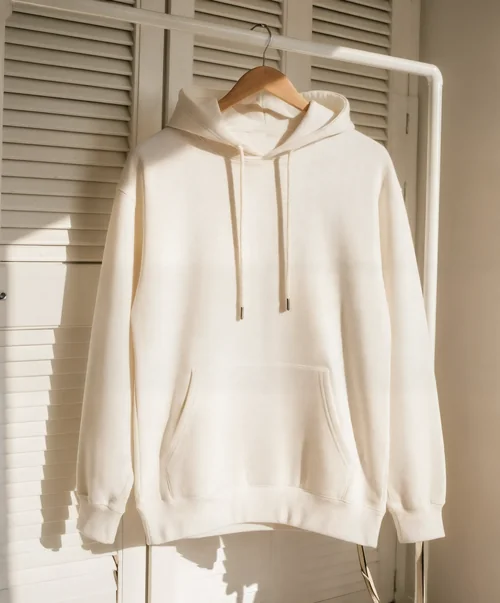 Cozy Hoodie Mockup in Cream Against Wooden Background