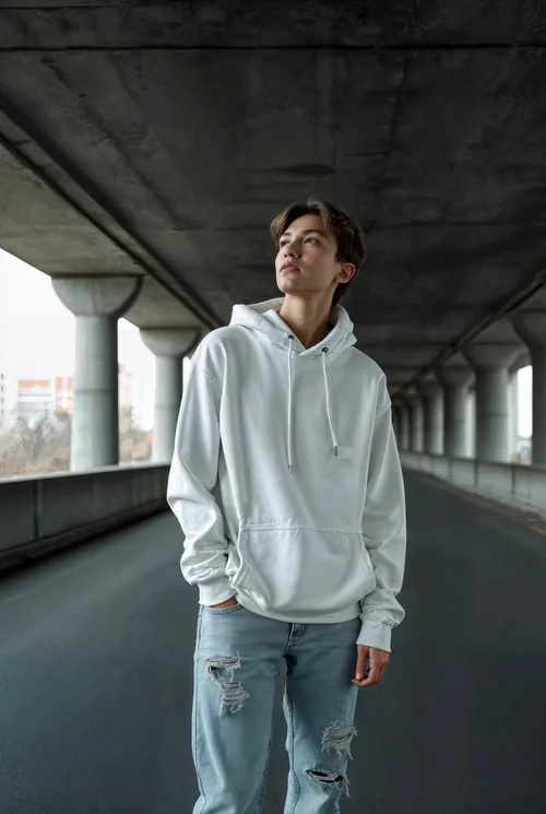 Urban Mockup of a Young Male in a White Hoodie