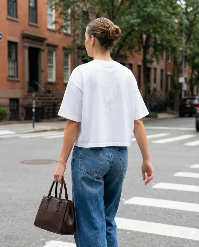 Chic Urban Mockup of Woman in Crop Top and Jeans