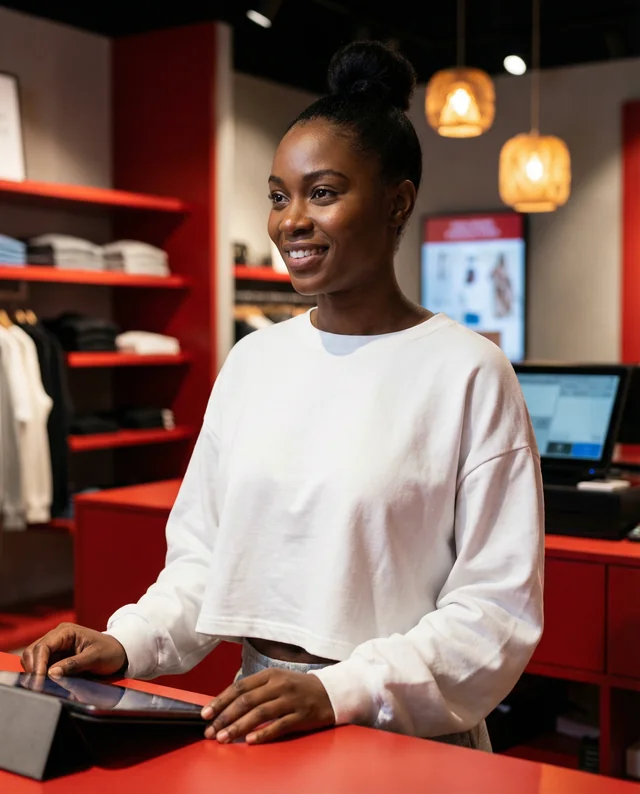 Young Woman in Crop Top Mockup at Retail Counter