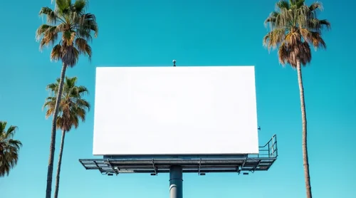 Vibrant Billboard Mockup Against Blue Sky and Palm Trees