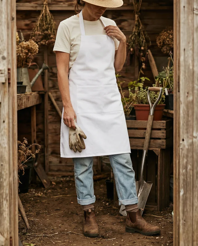 Charming Woman in Apron Mockup in Rustic Garden Shed