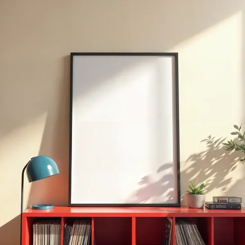 Cozy Mockup Poster with Teal and Red Background Colors