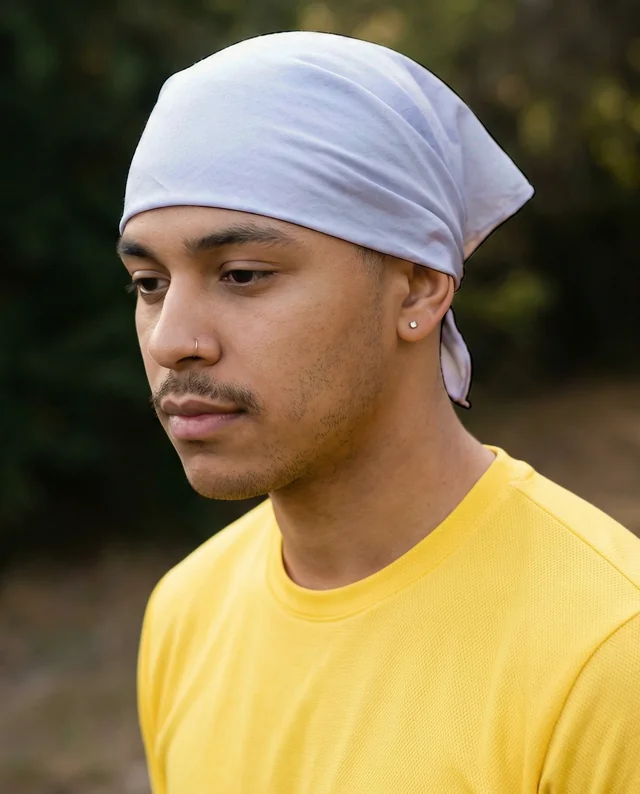 Thoughtful Young Man in Light Purple Bandana Mockup