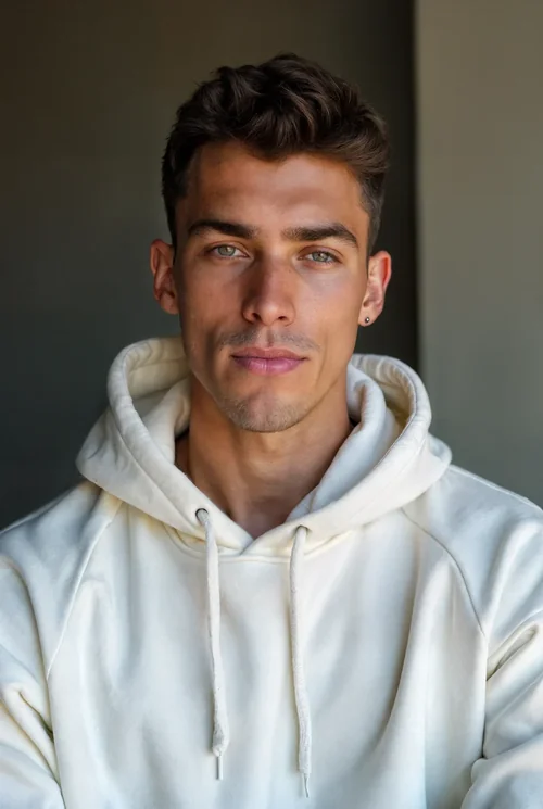 Mockup of Confident Young Man in Cream Hoodie with Soft Background
