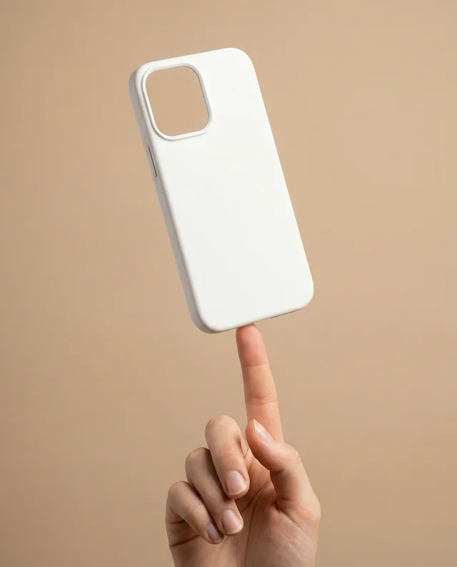 Elegant Mockup of a Sleek White Phone Cover in Hand