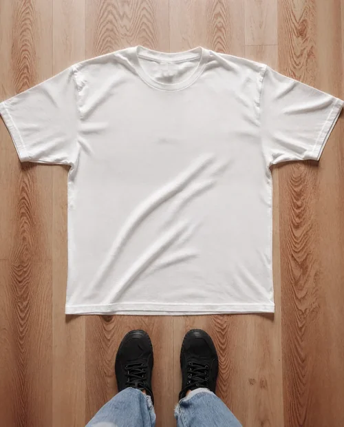 Stylish T-Shirt Mockup on Wooden Floor for Design Showcase