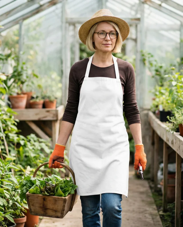 Confident Woman in Apron Walking Through Greenhouse Mockup