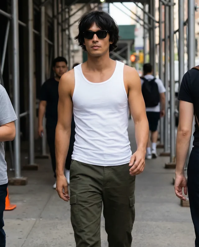 Young Man in Stylish Tank Top Mockup on City Sidewalk