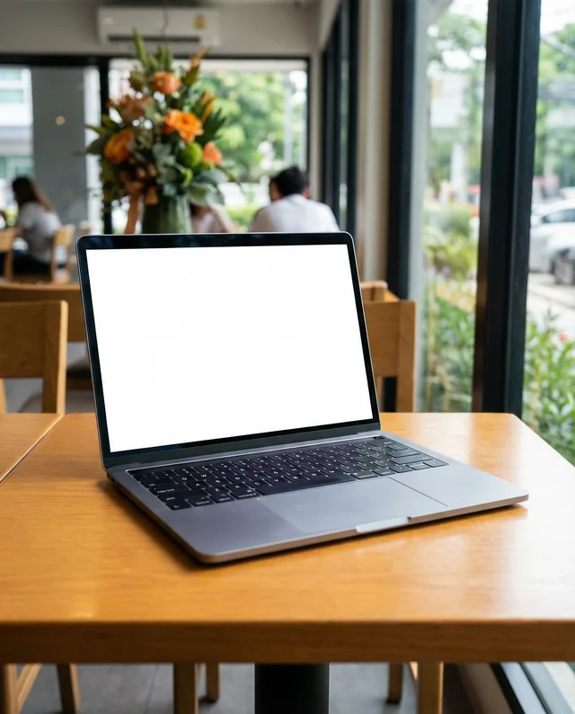Modern MacBook Mockup in Cozy Café Scene