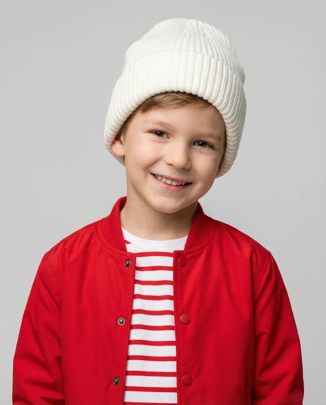 Cheerful Boy in White Beanie and Red Bomber Jacket Mockup
