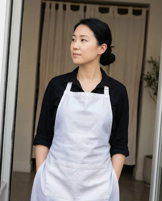 Elegant Mockup of Woman in Gray Apron by Doorway