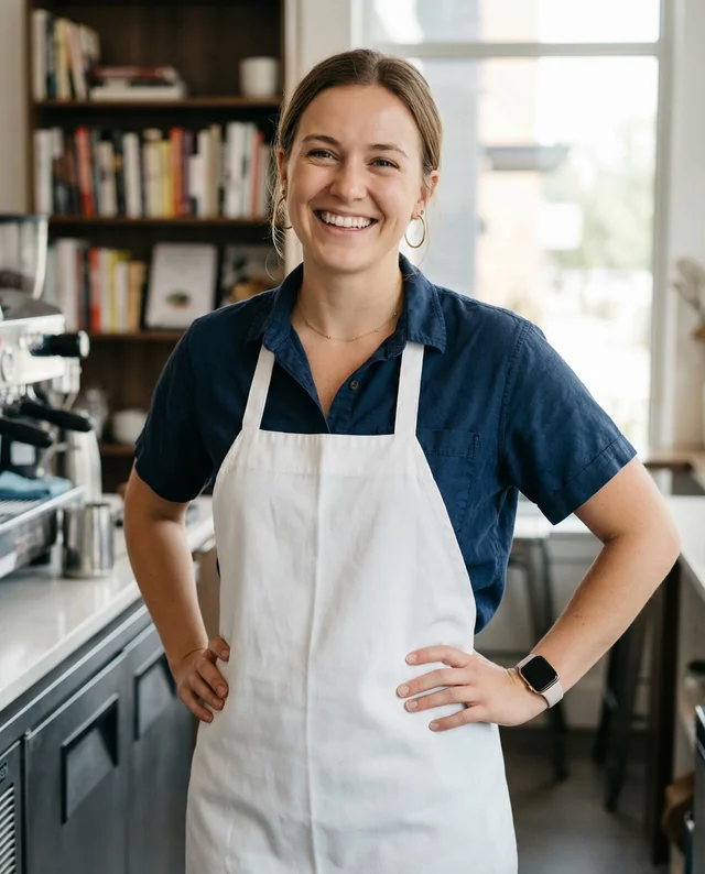 Young Woman in Cozy Coffee Shop Mockup with Apron