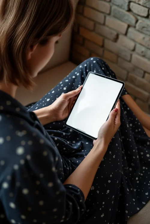 Casual iPad Mockup: Woman Interacting with Device