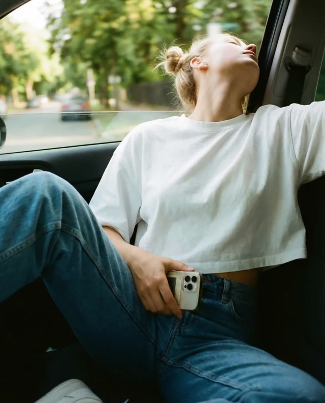 Relaxed Young Woman in Crop Top Mockup in Car