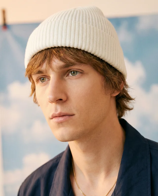 Young Man in White Beanie Mockup with Dreamy Background